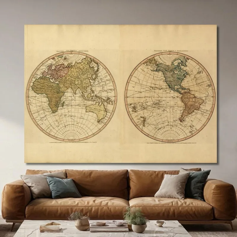 Cuadro Mapa Del Mundo Antiguo Con Dos Hemisferios Y Detalles Cartográficos Históricos