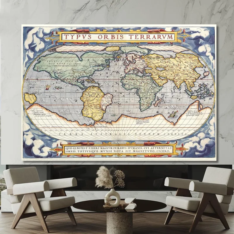 Gemälde Antike Weltkarte Mit Renaissance-Design Und Dekorativen Details