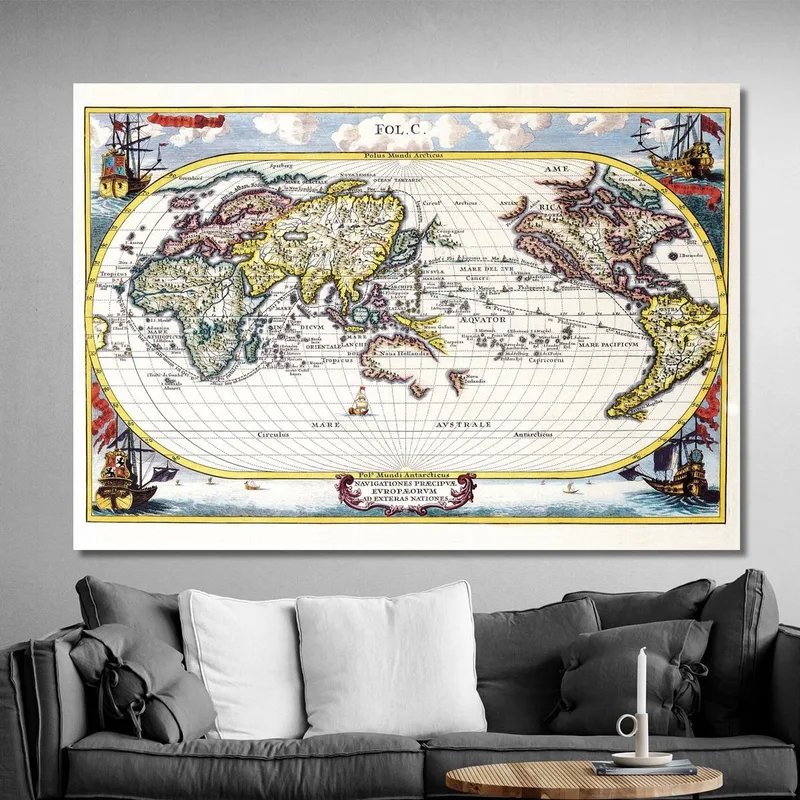 Cuadro Mapa Del Mundo Antiguo Con Barcos Y Rutas De Exploración Históricas