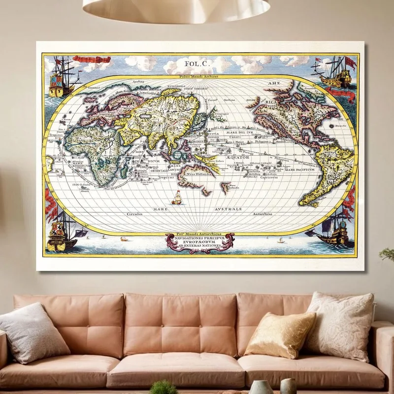 Cuadro Mapa Del Mundo Antiguo Con Barcos Y Rutas De Exploración Históricas