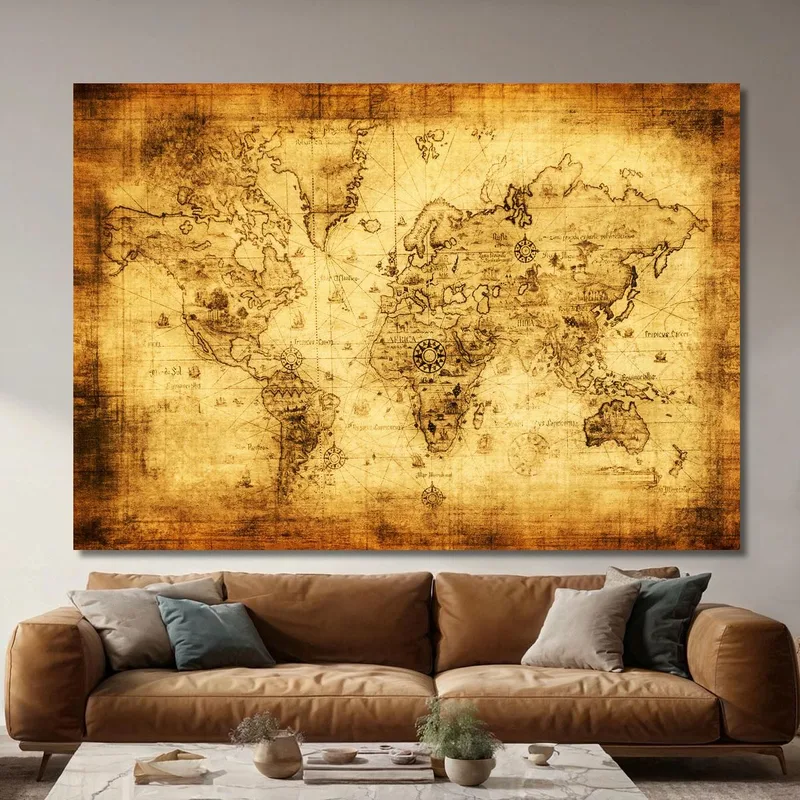 Painting Ancient World Map Pirate Style With Aged Effect And Nautical Compass