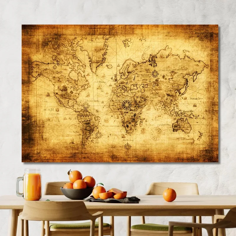 Painting Ancient World Map Pirate Style With Aged Effect And Nautical Compass