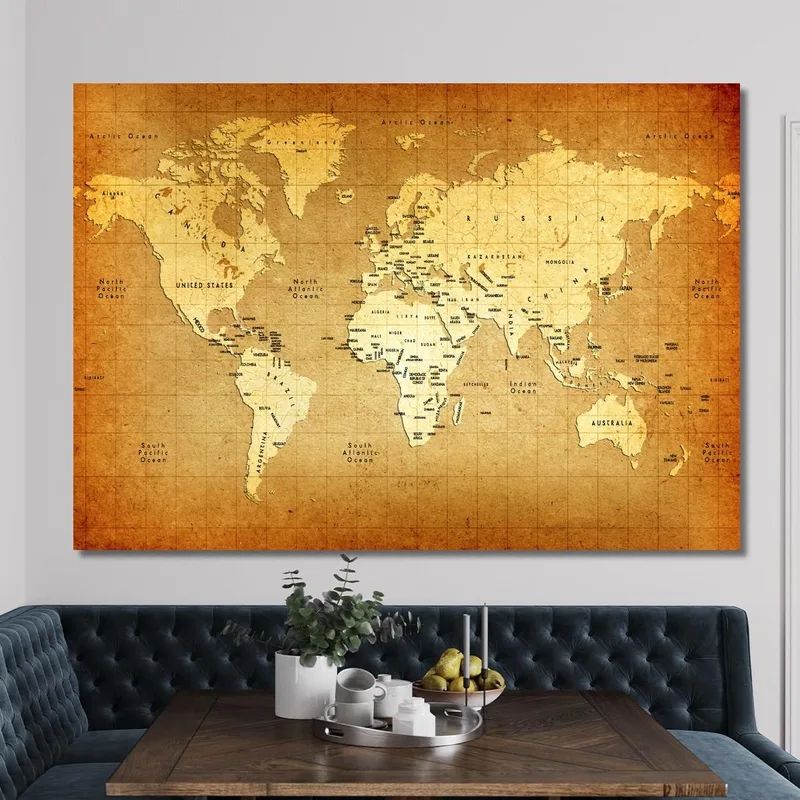 Tableau Carte Du Monde Ancienne Style Vintage Avec Noms Des Pays Et Océans