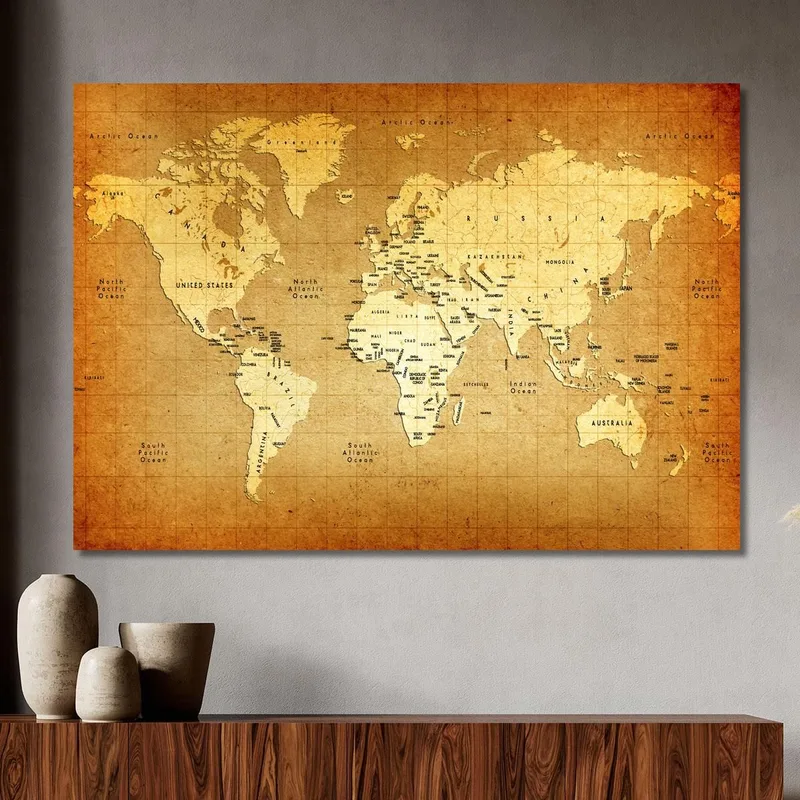 Tableau Carte Du Monde Ancienne Style Vintage Avec Noms Des Pays Et Océans