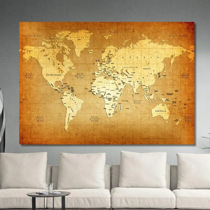 Tableau Carte Du Monde Ancienne Style Vintage Avec Noms Des Pays Et Océans