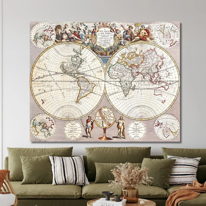 Gemälde Antike Weltkarte Mit Sphärischer Projektion Und Barocken Ornamenten