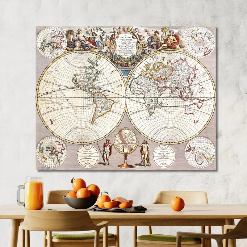 Gemälde Antike Weltkarte Mit Sphärischer Projektion Und Barocken Ornamenten