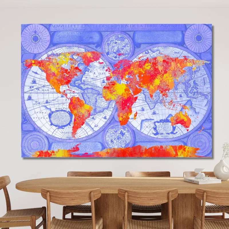 Gemälde Künstlerische Weltkarte Mit Abstraktem Blau-Rot-Effekt Auf Vintage-Hintergrund