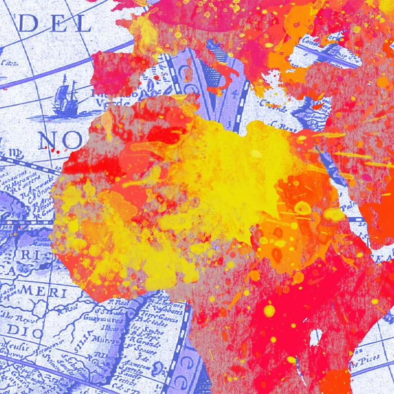 Gemälde Künstlerische Weltkarte Mit Abstraktem Blau-Rot-Effekt Auf Vintage-Hintergrund