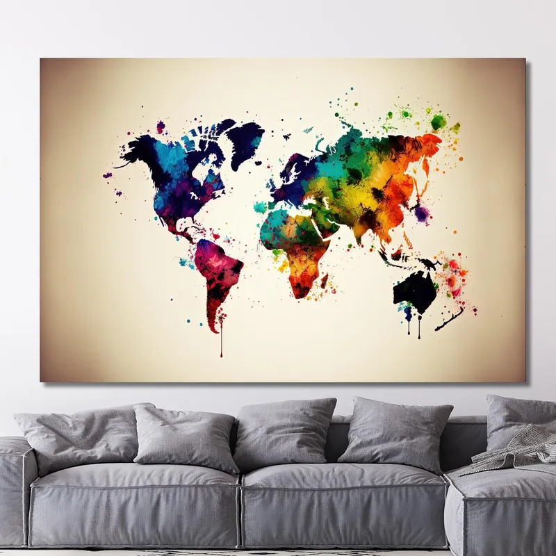 Cuadro Mapa Del Mundo Abstracto Con Salpicaduras De Color Y Efecto Acuarela