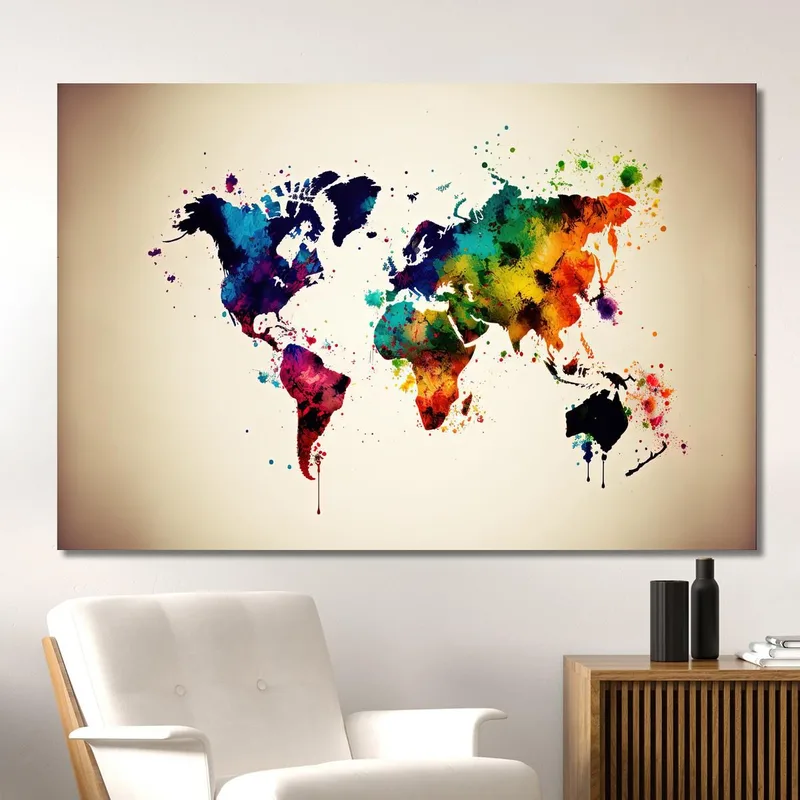 Cuadro Mapa Del Mundo Abstracto Con Salpicaduras De Color Y Efecto Acuarela