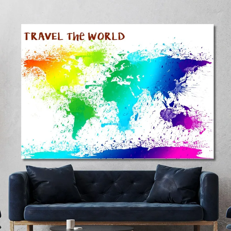 Cuadro Mapa Del Mundo Colorido Efecto Acuarela Con Frases Motivacionales