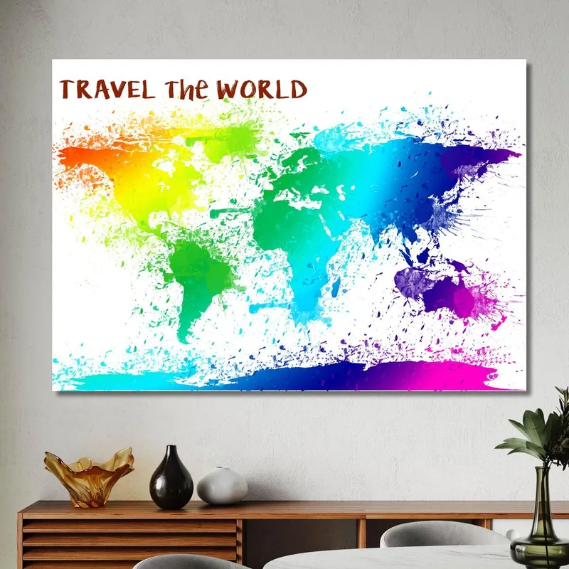 Cuadro Mapa Del Mundo Colorido Efecto Acuarela Con Frases Motivacionales