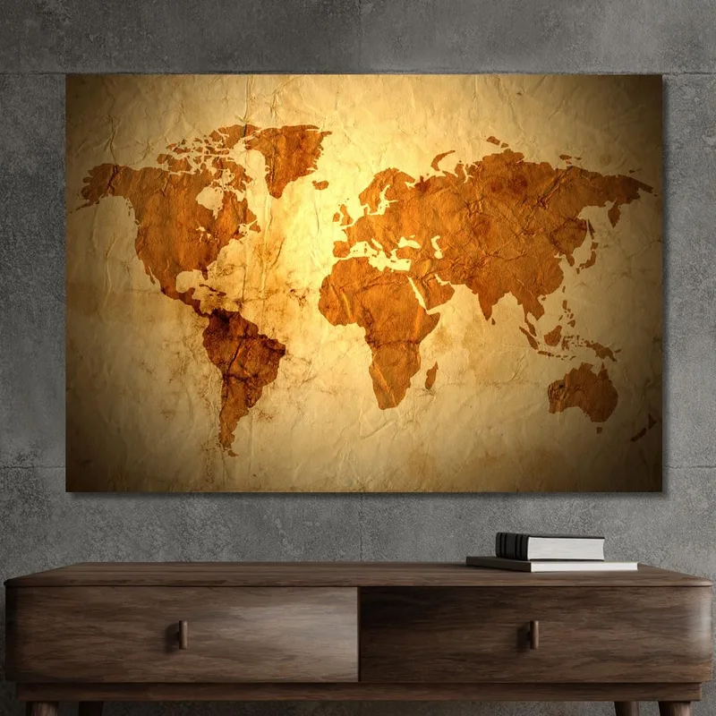 Tableau Carte Du Monde Effet Papier Vieilli Avec Texture Vintage En Ton Sepia