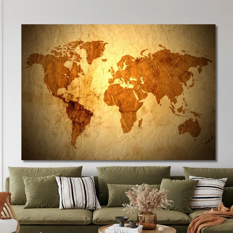 Tableau Carte Du Monde Effet Papier Vieilli Avec Texture Vintage En Ton Sepia