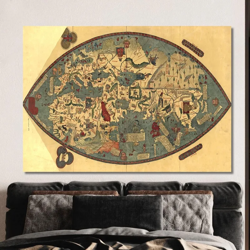 Quadro Mappa Del Mondo Medioevale Antica Con Dettagli Artistici E Simboli Storici