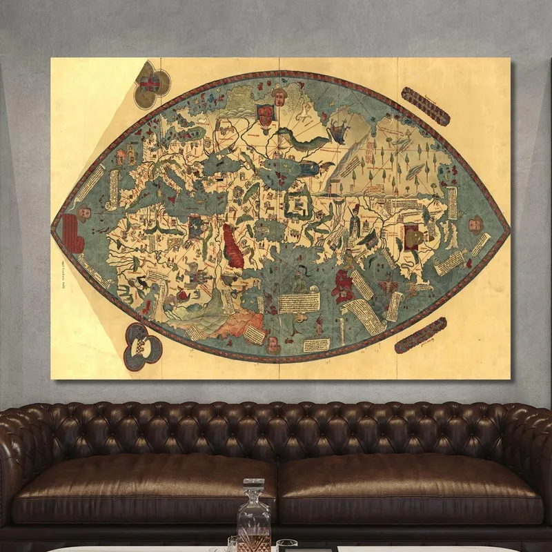 Quadro Mappa Del Mondo Medioevale Antica Con Dettagli Artistici E Simboli Storici