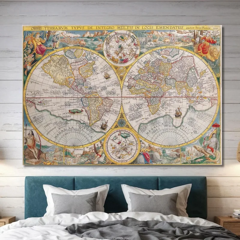 Quadro Mappa Del Mondo Rinascimentale Con Dettagli Artistici E Illustrazioni Zodiacali