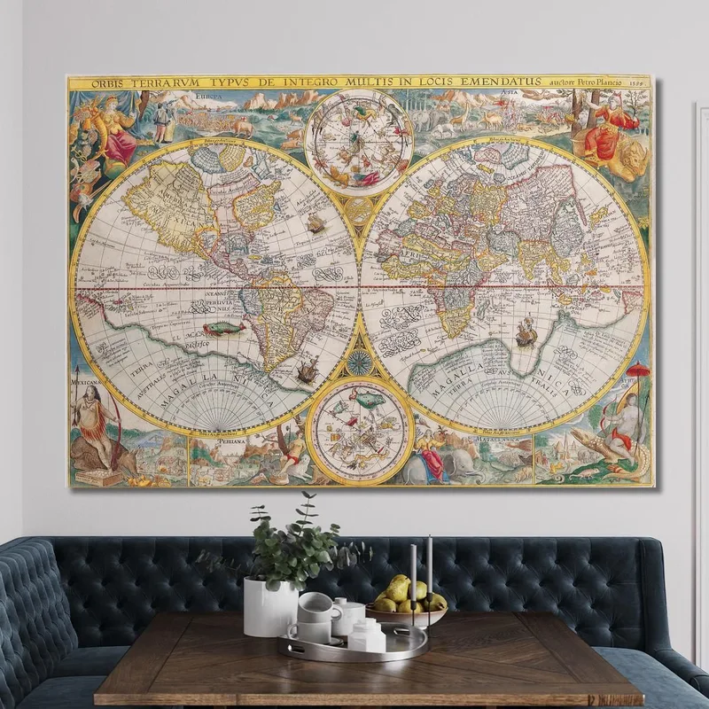 Quadro Mappa Del Mondo Rinascimentale Con Dettagli Artistici E Illustrazioni Zodiacali