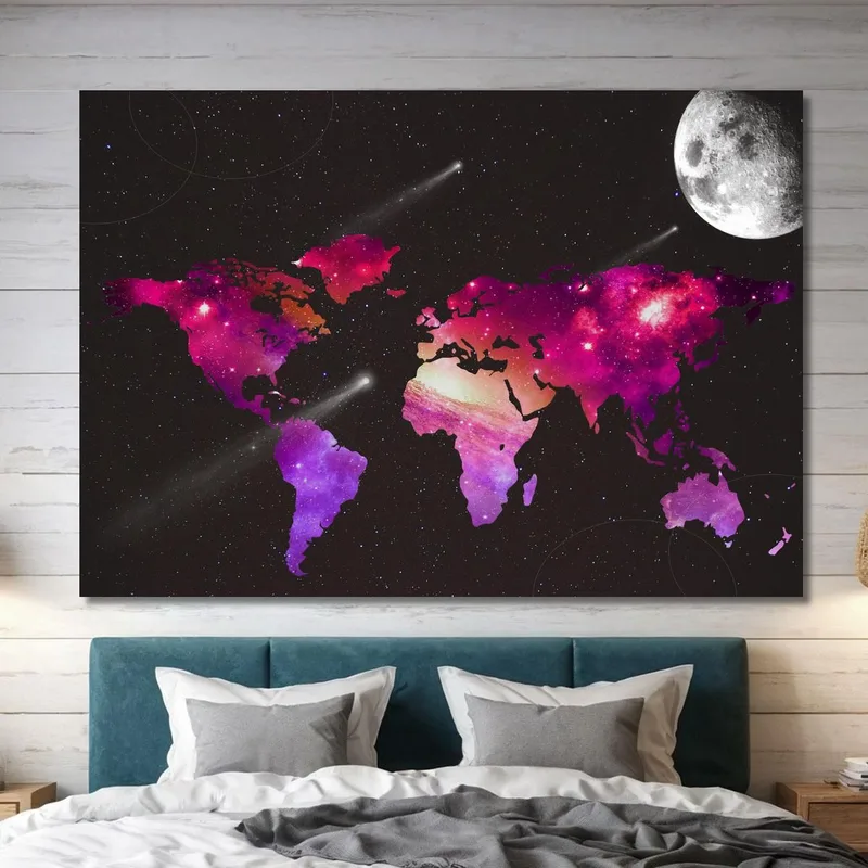 Quadro Mappa Del Mondo Spaziale Con Galassie Stelle E Luna Su Sfondo Nero