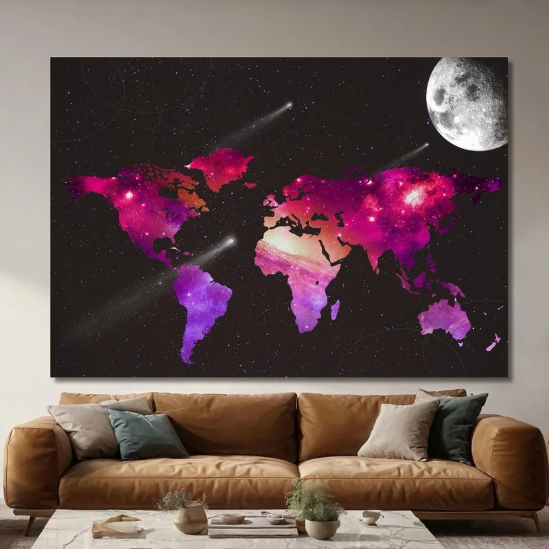 Quadro Mappa Del Mondo Spaziale Con Galassie Stelle E Luna Su Sfondo Nero