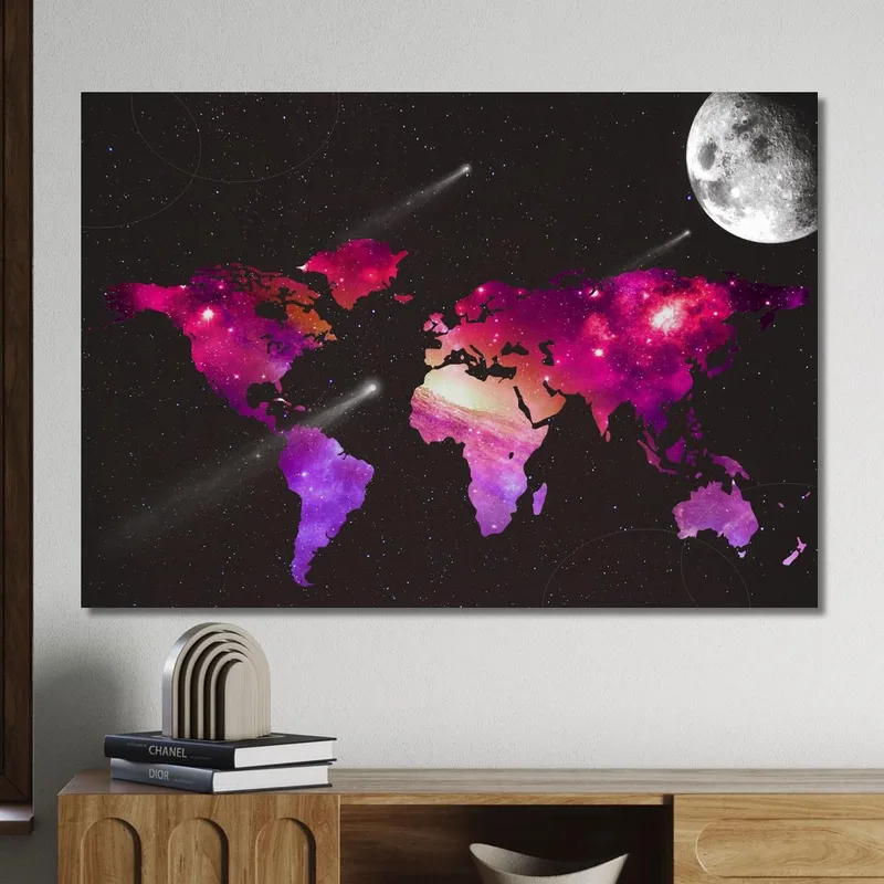 Quadro Mappa Del Mondo Spaziale Con Galassie Stelle E Luna Su Sfondo Nero