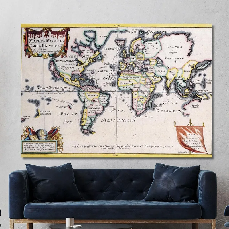 Quadro Mappa Del Mondo Storica Con Cornice Decorativa E Design Antico Europeo