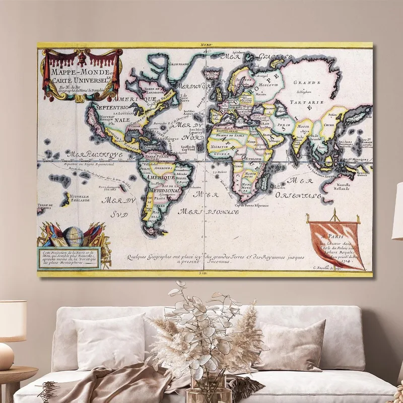 Quadro Mappa Del Mondo Storica Con Cornice Decorativa E Design Antico Europeo