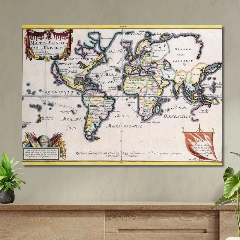 Quadro Mappa Del Mondo Storica Con Cornice Decorativa E Design Antico Europeo