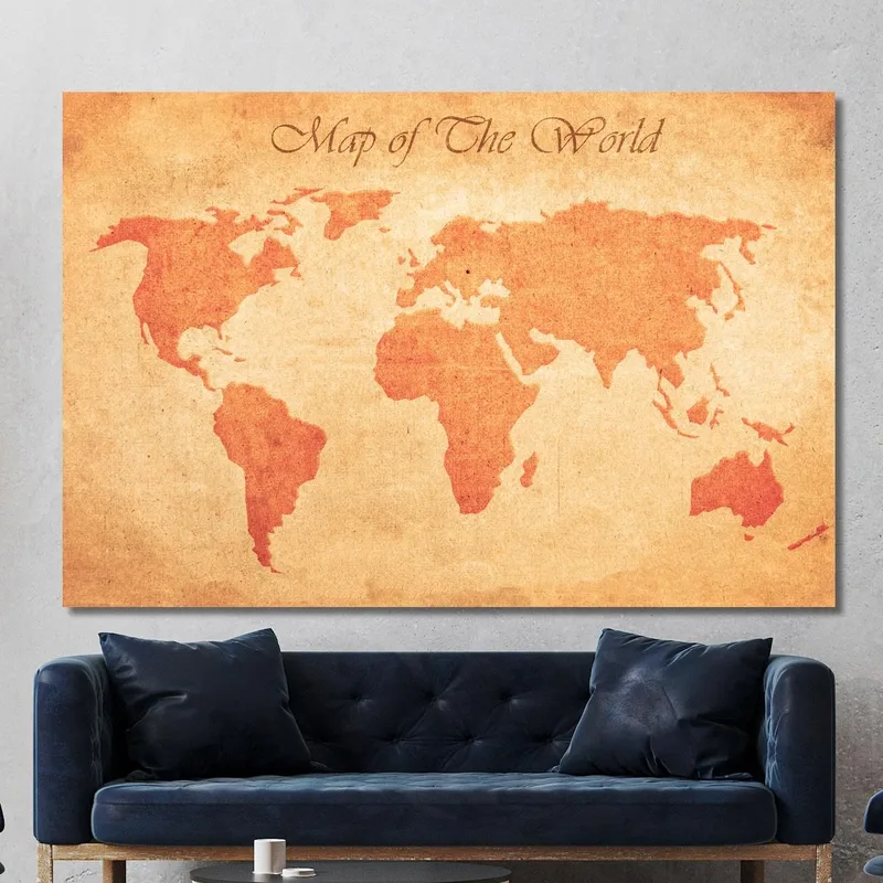 Quadro Mappa Del Mondo Vintage Con Effetto Carta Invecchiata E Testo Decorativo