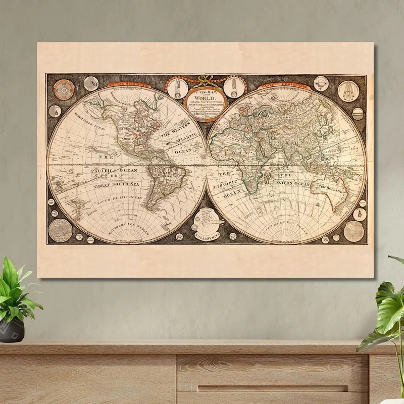Gemälde Vintage-Weltkarte Mit Schiffsillustrationen Und Kartografischen Symbolen