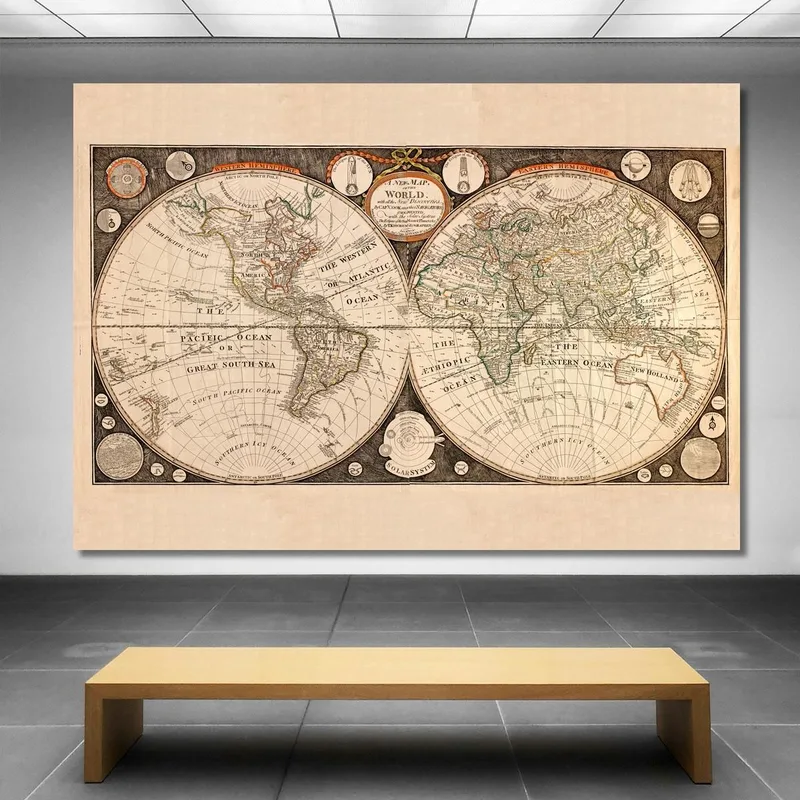 Gemälde Vintage-Weltkarte Mit Schiffsillustrationen Und Kartografischen Symbolen