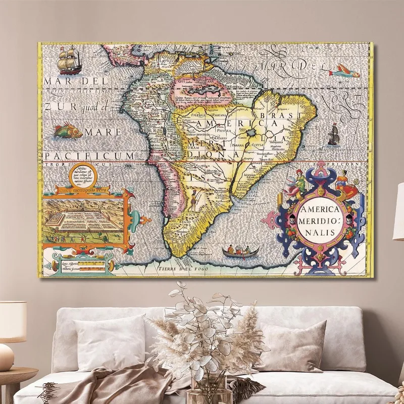 Cuadro Mapa De América Del Sur Antiguo Con Detalles Geográficos Y Símbolos Históricos