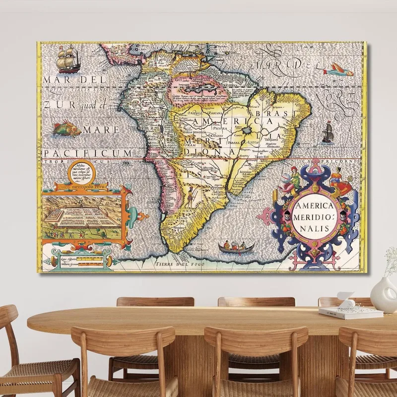 Cuadro Mapa De América Del Sur Antiguo Con Detalles Geográficos Y Símbolos Históricos