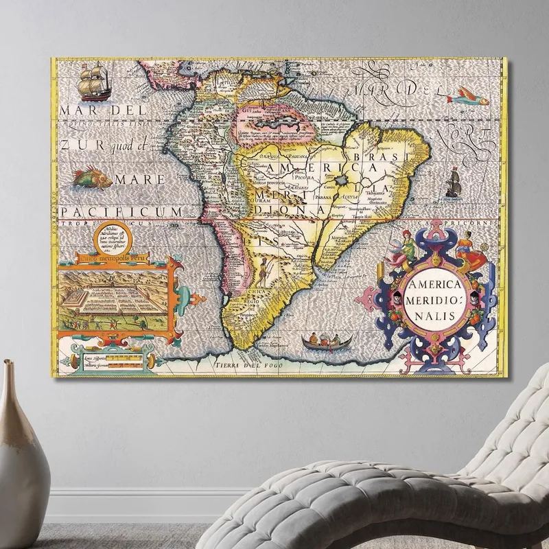 Cuadro Mapa De América Del Sur Antiguo Con Detalles Geográficos Y Símbolos Históricos