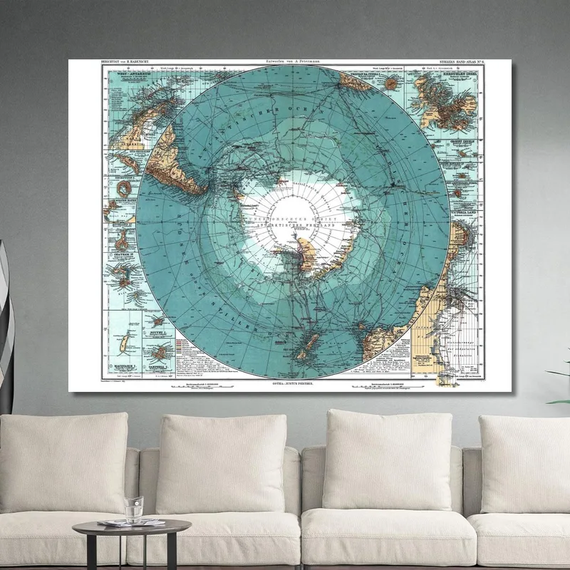 Quadro Mappa Dell'Antartide Storica Con Proiezione Polare E Dettagli Geografici Antichi