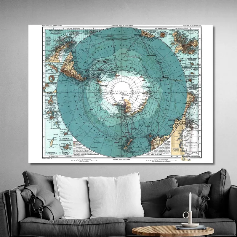 Quadro Mappa Dell'Antartide Storica Con Proiezione Polare E Dettagli Geografici Antichi