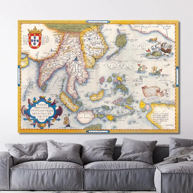 Cuadro Mapa De Asia Antiguo Con Ilustraciones De Barcos Y Criaturas Mitológicas Sobre Fondo Vintage