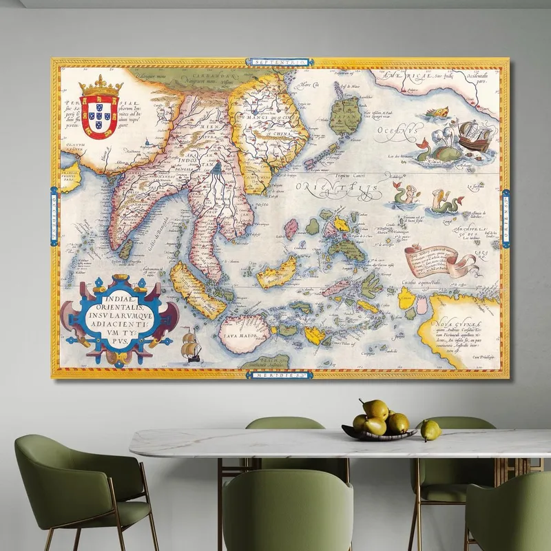 Cuadro Mapa De Asia Antiguo Con Ilustraciones De Barcos Y Criaturas Mitológicas Sobre Fondo Vintage