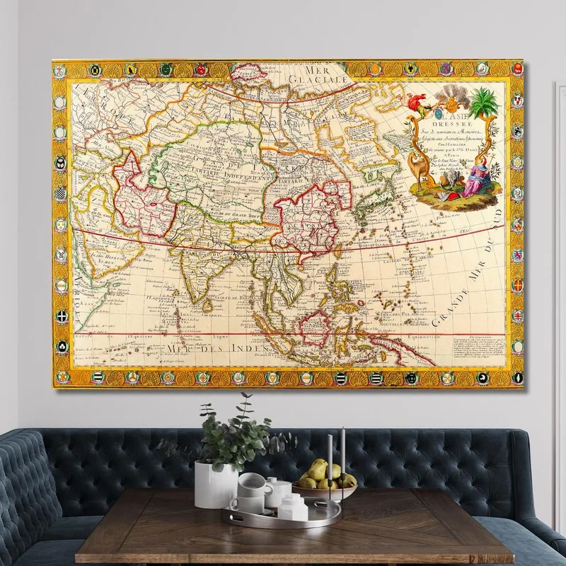 Cuadro Mapa De Asia Histórico Con Detalles Cartográficos Antiguos Y Decoraciones Doradas