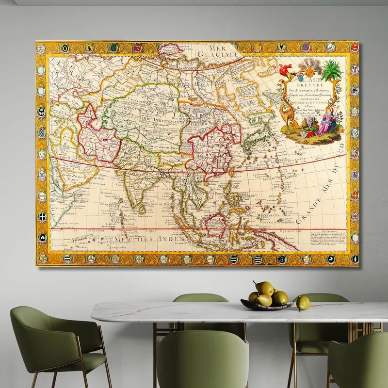 Cuadro Mapa De Asia Histórico Con Detalles Cartográficos Antiguos Y Decoraciones Doradas