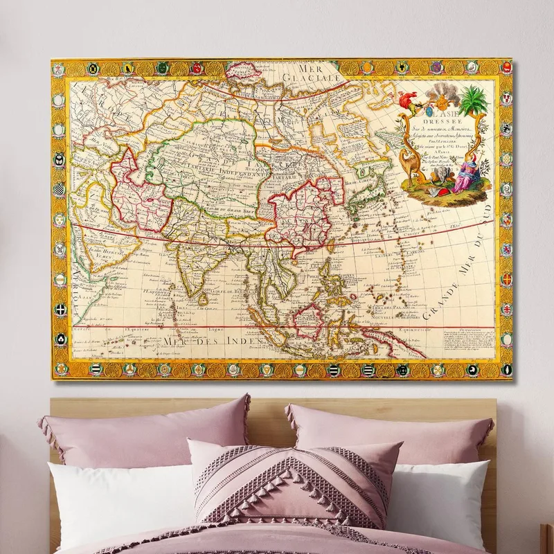 Cuadro Mapa De Asia Histórico Con Detalles Cartográficos Antiguos Y Decoraciones Doradas