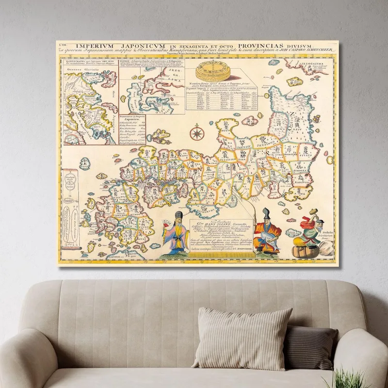 Tableau Carte Historique Du Japon Avec Frontières Régionales Et Illustrations Traditionnelles