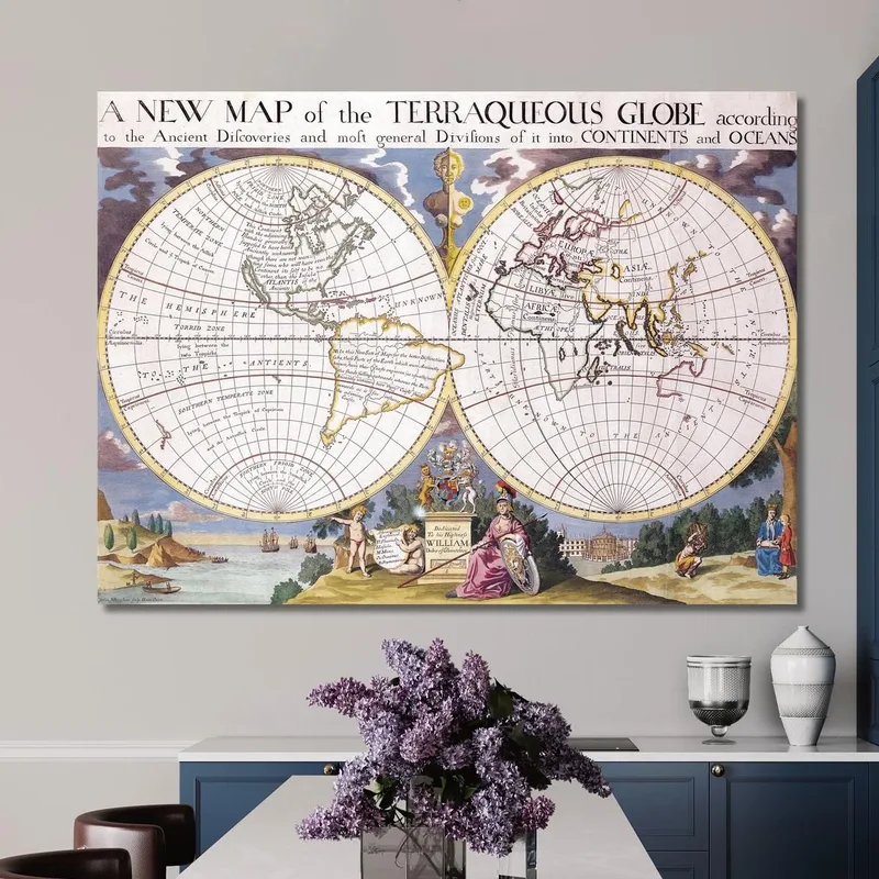 Cuadro Mapa Histórico Del Mundo Con Dos Hemisferios Ilustraciones Antiguas Y Detalles Artísticos