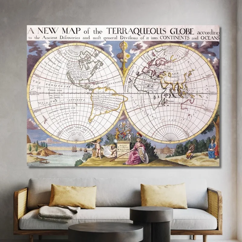 Cuadro Mapa Histórico Del Mundo Con Dos Hemisferios Ilustraciones Antiguas Y Detalles Artísticos