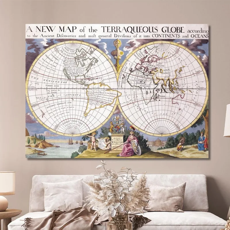 Cuadro Mapa Histórico Del Mundo Con Dos Hemisferios Ilustraciones Antiguas Y Detalles Artísticos