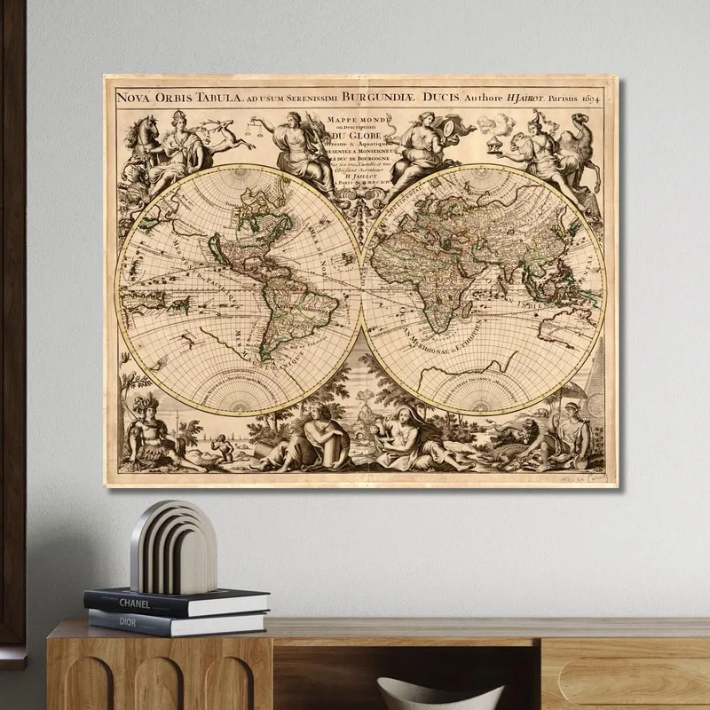 Quadro Mappa Storica Del Mondo Con Disegno Inciso E Decorazioni Mitologiche