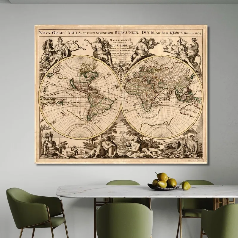 Quadro Mappa Storica Del Mondo Con Disegno Inciso E Decorazioni Mitologiche