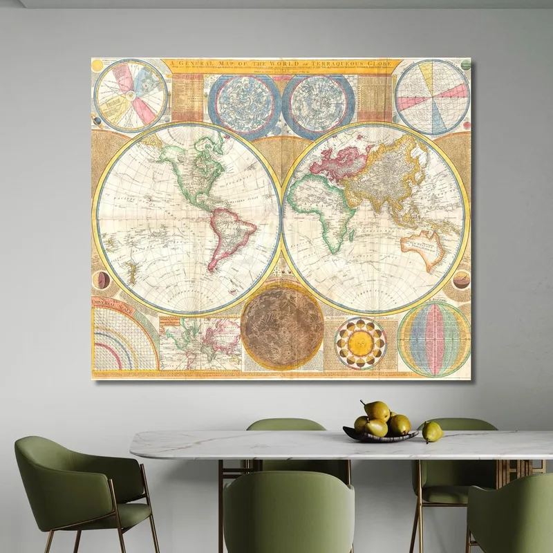 Cuadro Mapa Histórico Del Mundo Con Proyección Astronómica Y Detalles Geopolíticos