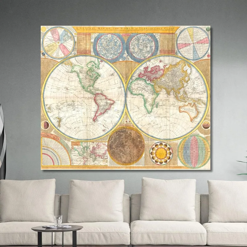 Cuadro Mapa Histórico Del Mundo Con Proyección Astronómica Y Detalles Geopolíticos